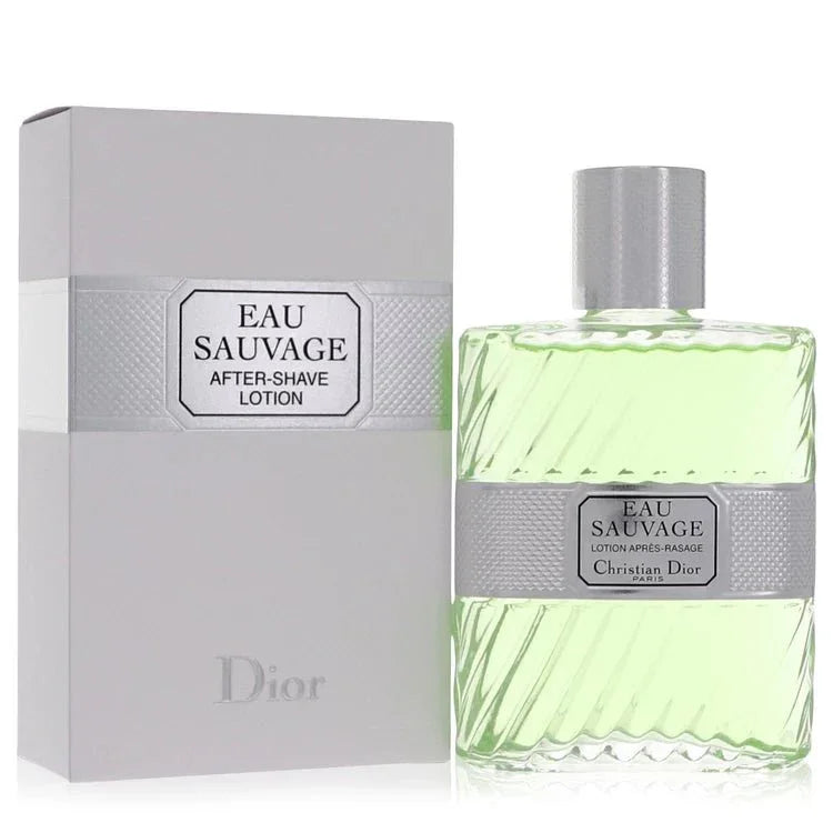 Eau Sauvage after-shave lotion by Dior with light green liquid in a clear, textured bottle next to its box