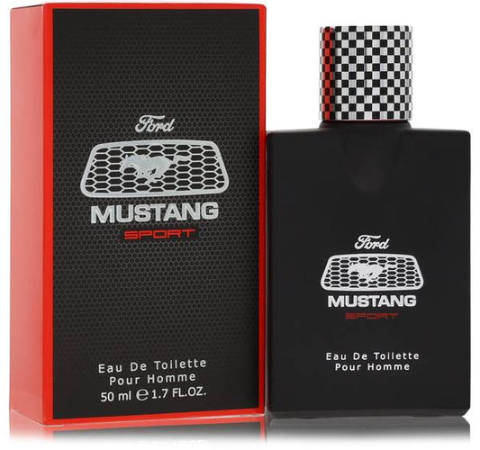 1.7 oz Mustang Sport Cologne bottle - woody spicy men's Eau de Toilette with bergamot, grapefruit, black pepper, cardamom, sandalwood and musk
