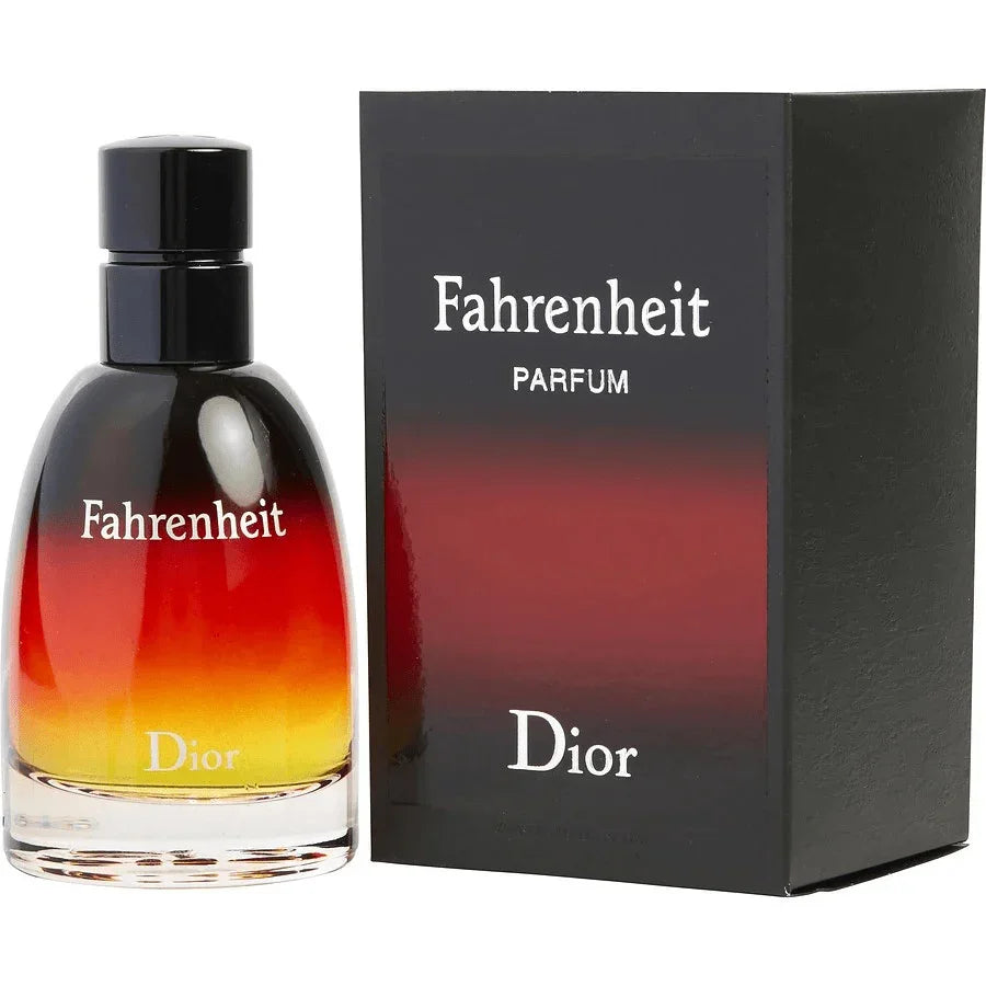 Fahrenheit Dior cologne bottle with gradient red and yellow design next to matching box