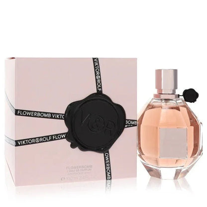 Viktor & Rolf Flowerbomb perfume bottle and packaging on a white background