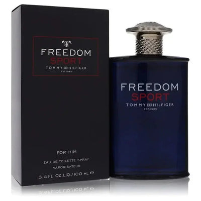 Tommy Hilfiger Freedom Sport Cologne bottle — fresh aromatic woody men’s Eau de Toilette with clary sage, green notes, coriander, black pepper, cinnamon, cardamom, patchouli, vetiver, and musky notes.