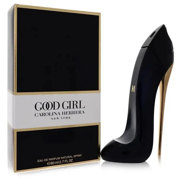 Carolina Herrera Good Girl Eau de Parfum iconic midnight blue stiletto heel luxury bottle, a powerful and mysterious sweet, woody, and powdery oriental fragrance for women. 2.7 oz