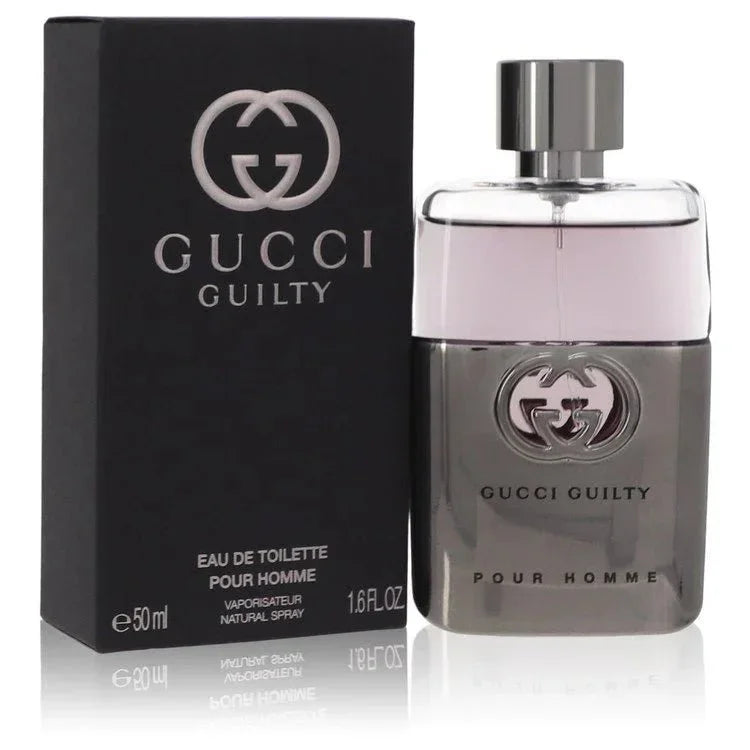 Gucci Guilty Pour Homme Cologne signature luxury charcoal metal-and-glass flacon displaying its iconic interlocking G crest detailing on a clean background