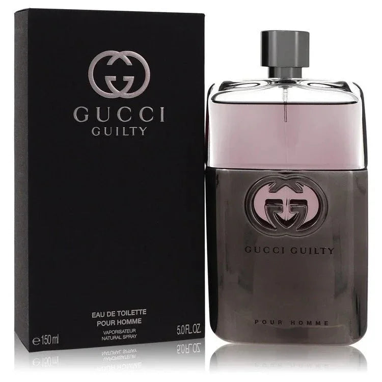 Gucci Guilty men's perfume bottle and packaging on a white background
