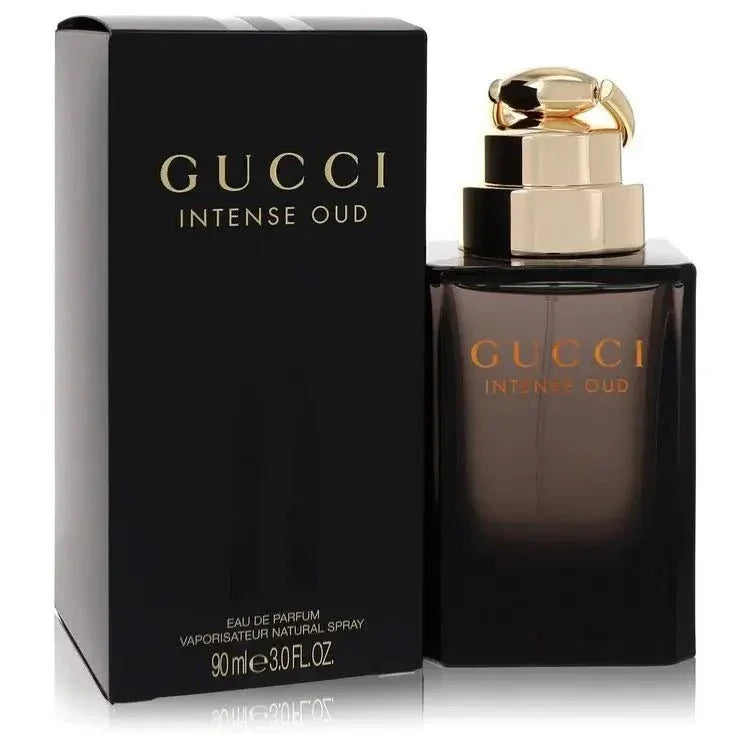 Gucci Intense Oud Cologne bottle — Woody Oriental Spicy unisex fragrance with pink pepper, saffron, Bulgarian rose, and oud wood notes