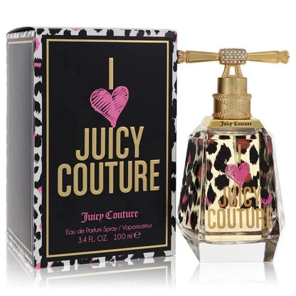Juicy Couture perfume bottle with gold cap and leopard print next to matching box