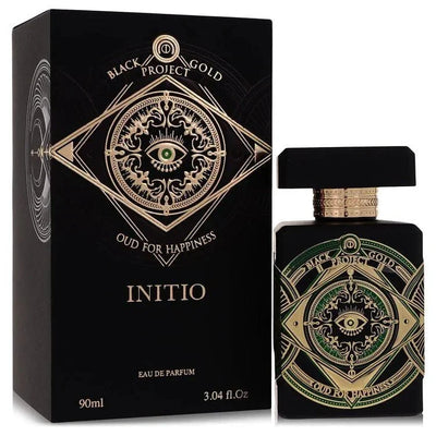 Initio Oud for Happiness Eau de Parfum spray with gold and green eye design on black bottle and box
