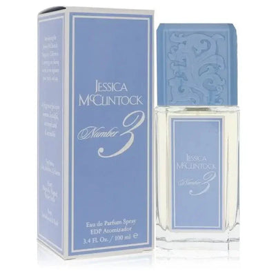 Jessica McClintock Number 3 Eau de Parfum spray bottle and box, 3.4 oz, pale blue packaging