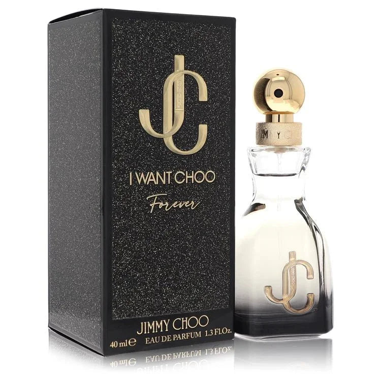 Jimmy Choo I Want Choo Forever perfume bottle and black glitter box, gold accents, 40ml