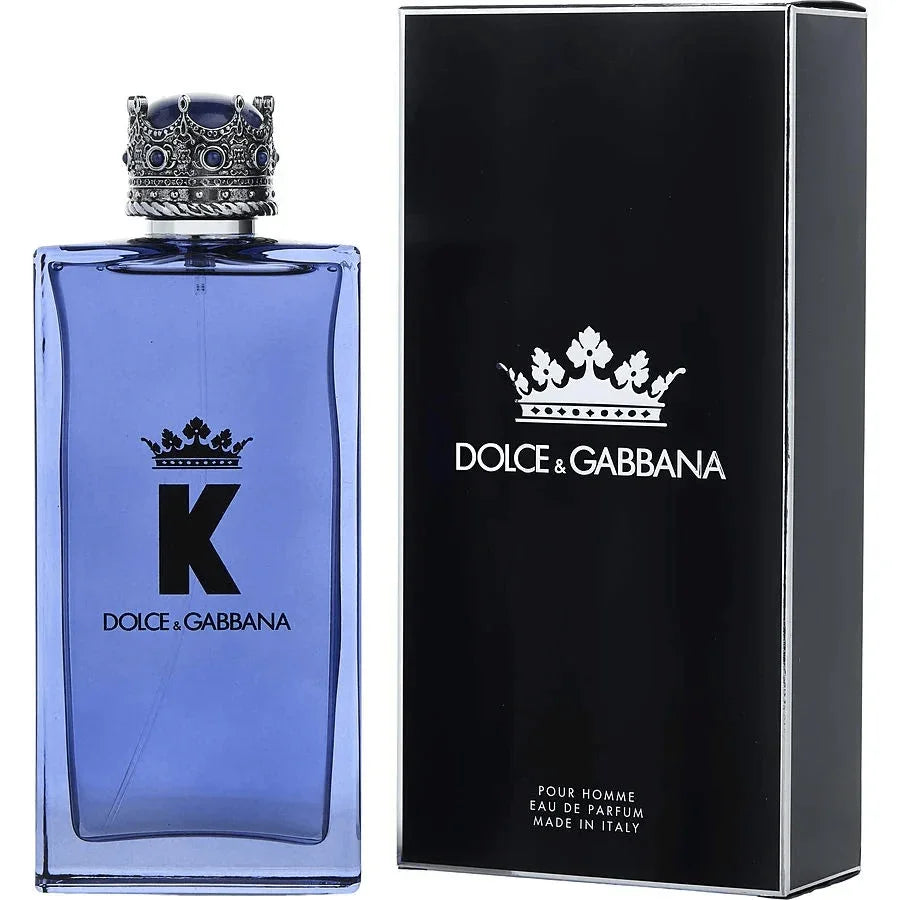 Blue Dolce & Gabbana K cologne bottle and black box with crown design, for men