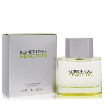 
Kenneth Cole Reaction Cologne bottle and box with silver and green packaging
