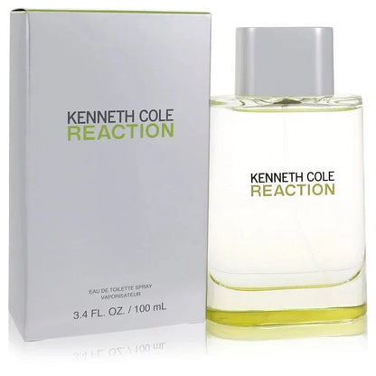 
Kenneth Cole Reaction Cologne bottle and box with silver and green packaging
