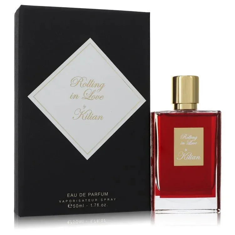 Kilian Rolling in Love Perfume bottle — dreamy powdery floral musk fragrance with aldehydes, bergamot, lemon, rose, iris, jasmine, and sandalwood.
