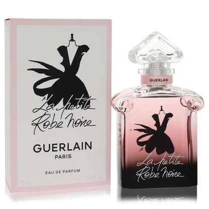 Guerlain La Petite Robe Noire upside-down heart perfume bottle featuring the elegant illustration of a little black dress — sophisticated fruity amber fragrance blending sour cherry, almond, licorice, and rich vanilla notes
