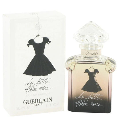 Guerlain La Petite Robe Noire upside-down heart perfume bottle featuring the elegant illustration of a little black dress — sophisticated fruity amber fragrance blending sour cherry, almond, licorice, and rich vanilla notes