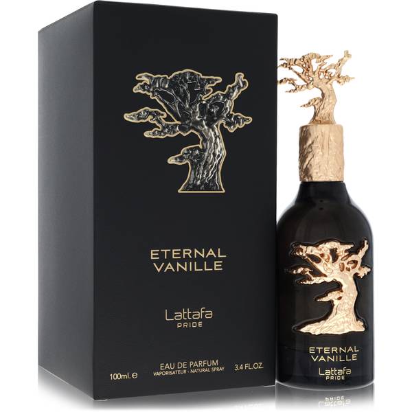 Lattafa Pride Eternal Vanille Perfume bottle with blackberry, vanilla caviar, cacao, tonka bean, benzoin, cedarwood and musk
