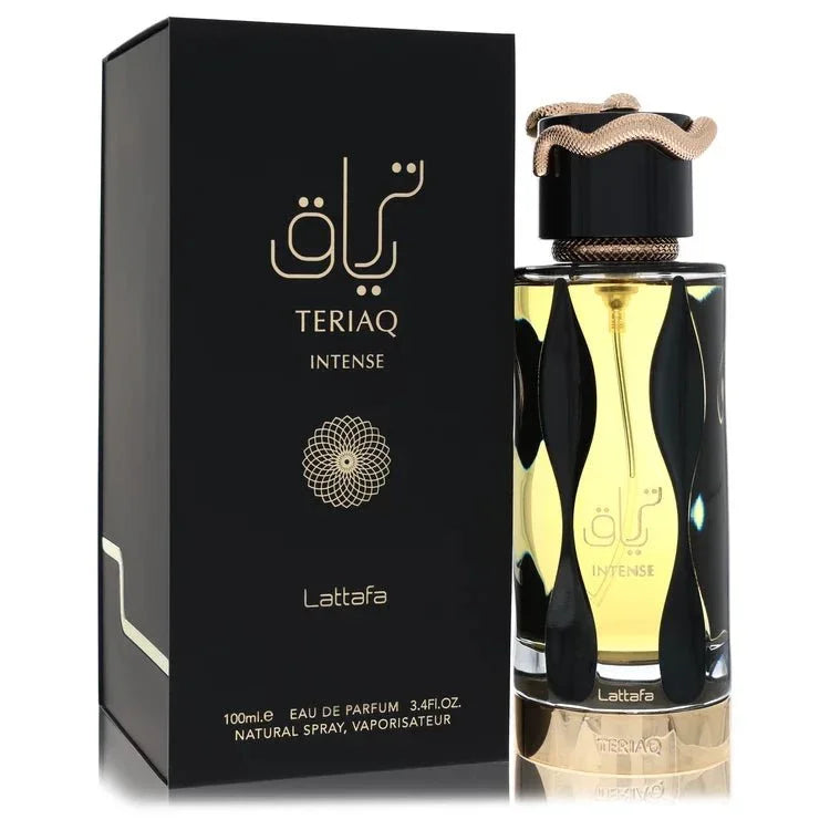 Lattafa Teriaq Intense cologne bottle with bergamot, saffron, plum liquor, cinnamon, tonka bean, amber and benzoin