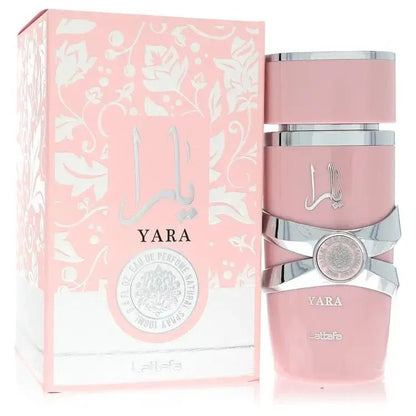 Lattafa Yara Perfume bottle — amber vanilla women's fragrance with orchid, heliotrope, tangerine, gourmand accords, tropical fruits, vanilla, musk, amber, and sandalwood