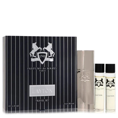 Layton Parfums de Marly travel set, striped box, two perfume vials, and metallic case