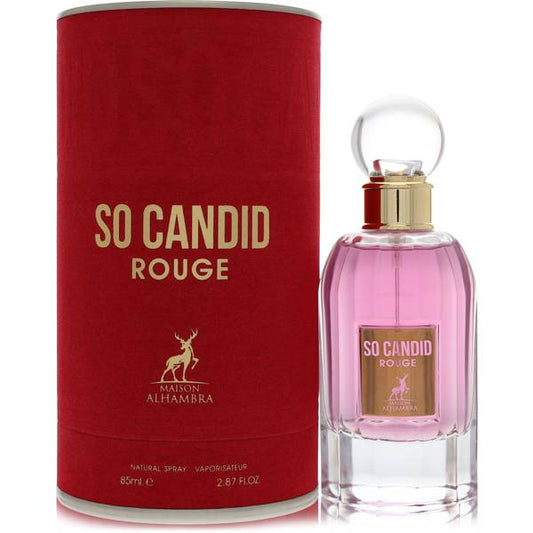 Maison Alhambra So Candid Rouge Eau de Parfum bottle - Women's floral fruity fragrance with pear, red berries, rose, jasmine, musk, woody notes, and vanilla