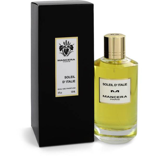 Mancera Soleil D'Italie Eau de Parfum bottle - Citrus woody floral fragrance with bergamot, mandarin orange, rose, pink pepper, cedar, musk, and leather
