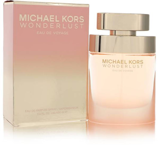 Michael Kors Wonderlust Eau De Voyage Perfume bottle with mandarin, lavender, jasmine, sea salt, musk and sandalwood
