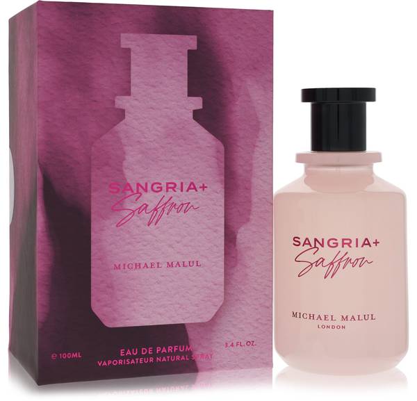 3.4 oz Michael Malul Sangria + Saffron Perfume bottle with orange, green apple, saffron, raspberry, jasmine, rose, ambergris and suede
