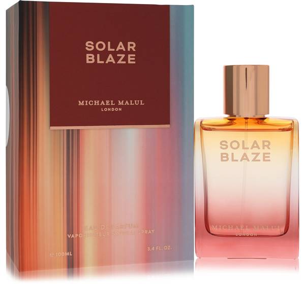 3.4 oz Michael Malul Solar Blaze Eau de Parfum for Men bottle - Men's citrus woody spicy fragrance with bergamot, ginger, cedar, vetiver, amber, and musk
