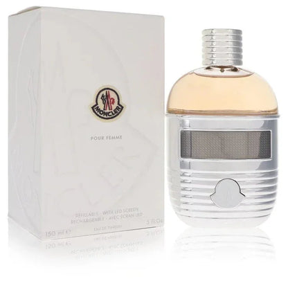 Moncler Pour Femme perfume bottle and box, silver accents, eau de parfum for women