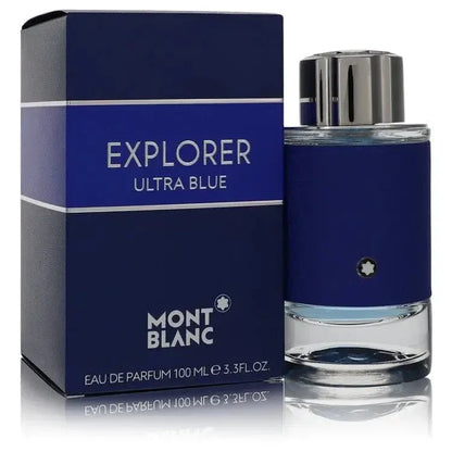 Montblanc Explorer Ultra Blue Cologne bottle with marine accord, bergamot, pink pepper, vetiver, clary sage, orris, ambroxan, sandalwood, and musk