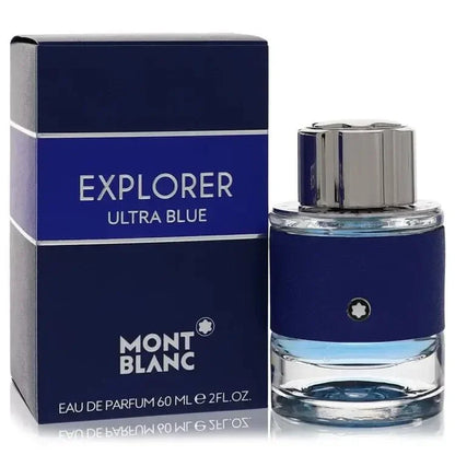Montblanc Explorer Ultra Blue Cologne bottle with marine accord, bergamot, pink pepper, vetiver, clary sage, orris, ambroxan, sandalwood, and musk