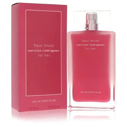 Narciso Rodriguez Fleur Musc Perfume signature luxury opaque pink glass flacon displaying its sleek architectural contours and premium label work against a clean backdrop