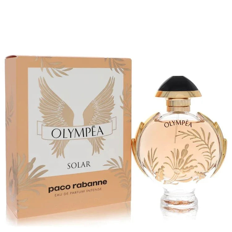 Paco Rabanne Olympea Solar Perfume bottle in gold sunburst design — solar floral fragrance with bergamot, jasmine, and vanilla musk.