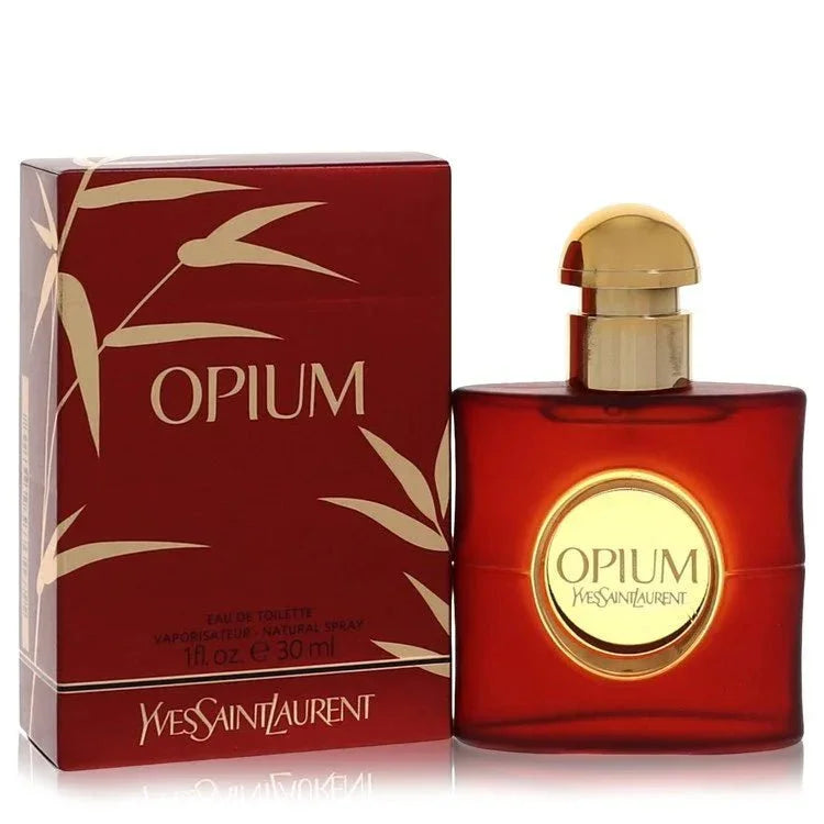 Opium Eau de Toilette for women, red bottle and box with gold bamboo design, 30ml