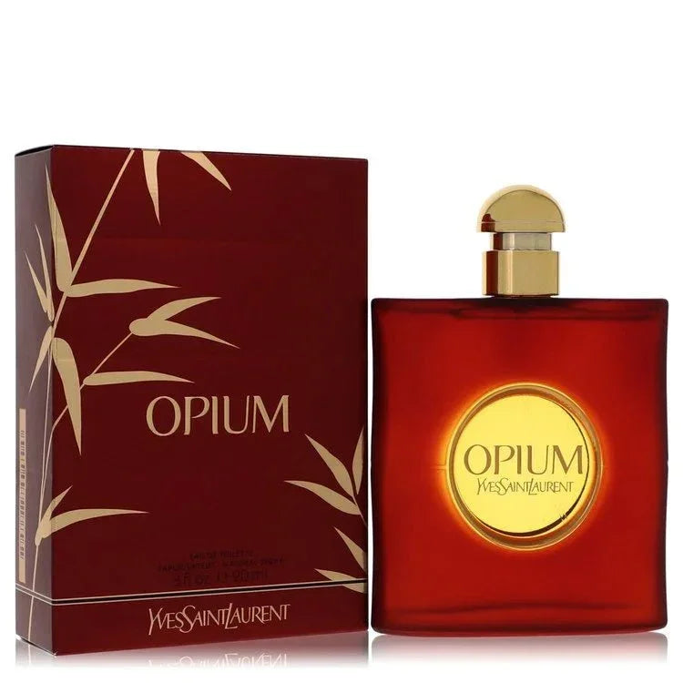 Opium perfume spray for women by Yves Saint Laurent, with red and gold packaging and bottle