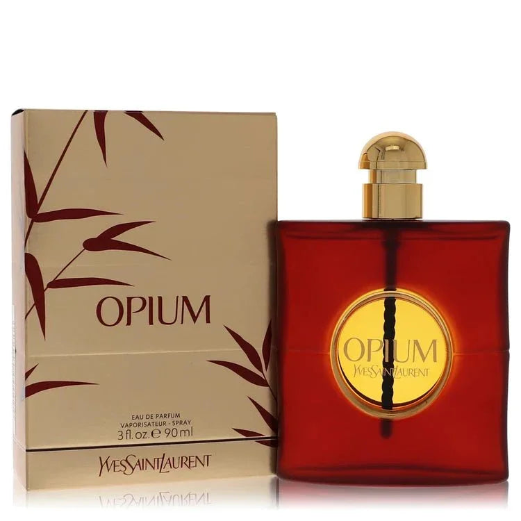 Yves Saint Laurent Opium 1977 bottle — iconic amber warm spicy oriental perfume with cloves, cinnamon, incense, and myrrh notes.