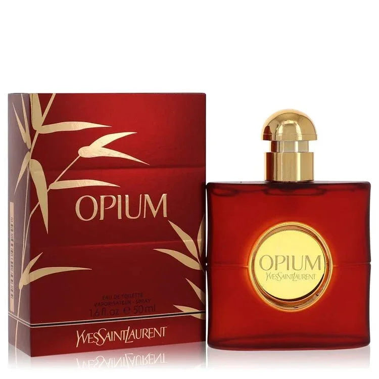 Yves Saint Laurent Opium 1977 bottle — iconic amber warm spicy oriental perfume with cloves, cinnamon, incense, and myrrh notes.