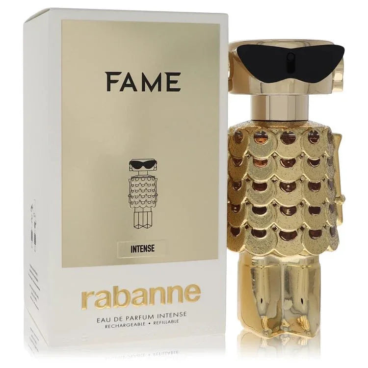 Paco Rabanne Fame Intense Perfume bottle - floral woody warm spicy fragrance with bergamot, coconut water, pink pepper, jasmine and sandalwood