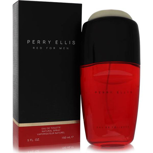 Perry Ellis Red Eau de Toilette bottle - Men's leather woody fragrance with juniper berries, citruses, red apple, Sichuan pepper, red leather, amber, sage, oakmoss, and sandalwood