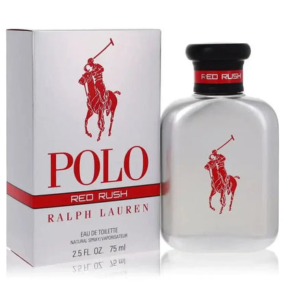 Ralph Lauren Polo Red Rush Cologne signature luxury translucent flacon with vibrant silver spray details, showcasing its brand insignia and premium design lines against a clean background