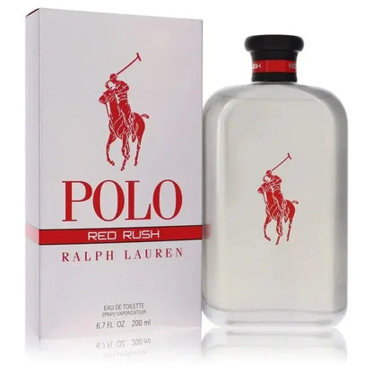 Ralph Lauren Polo Red Rush Cologne signature luxury translucent flacon with vibrant silver spray details, showcasing its brand insignia and premium design lines against a clean background