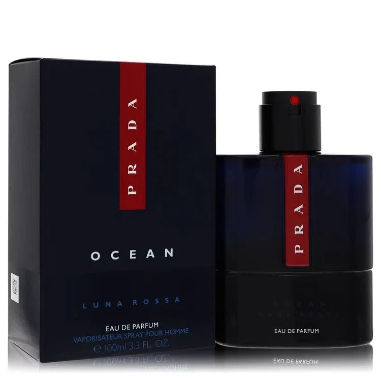 Prada Luna Rossa Ocean Cologne bottle — aquatic fresh woody fragrance with pear, bergamot, ambroxan, seaweed, ambrette seed, marine accord, driftwood, musk and cedarwood