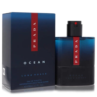 Prada Luna Rossa Ocean Cologne bottle — aquatic fresh woody fragrance with pear, bergamot, ambroxan, seaweed, ambrette seed, marine accord, driftwood, musk and cedarwood
