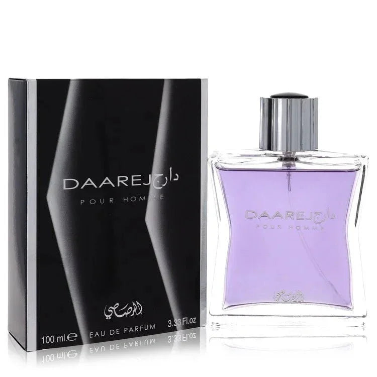 Rasasi Daarej Pour Homme bottle with cardamom, rose, orris, vanilla, tonka bean and sandalwood