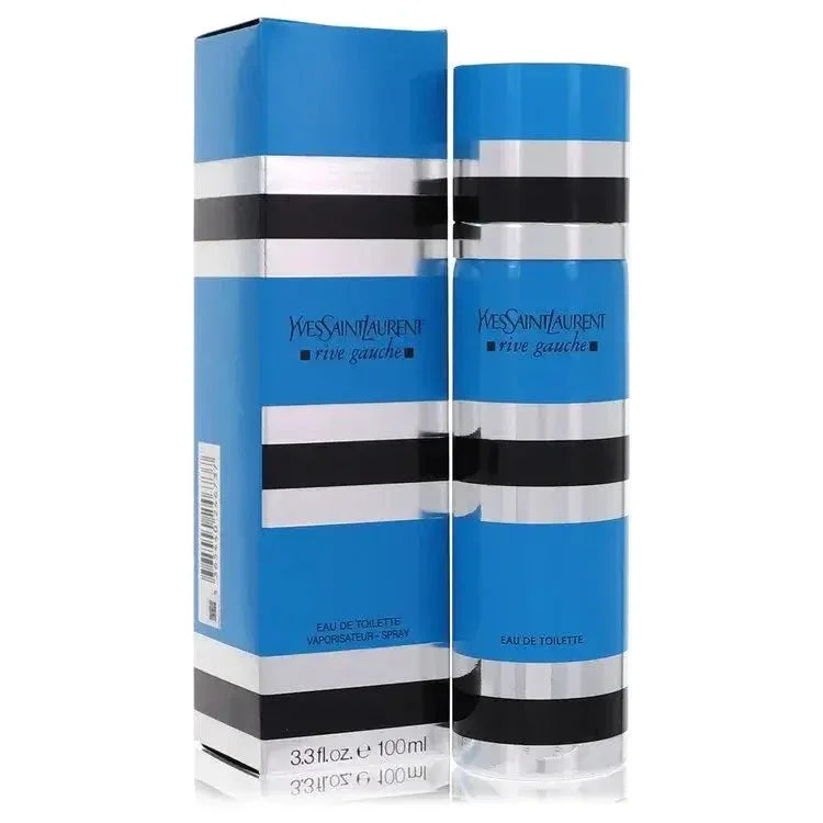 Yves Saint Laurent Rive Gauche Perfume for Women iconic metallic blue, black and silver striped cylindrical flacon showcasing its timeless Parisian avant-garde design language