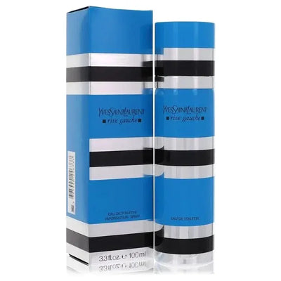 Yves Saint Laurent Rive Gauche Perfume for Women iconic metallic blue, black and silver striped cylindrical flacon showcasing its timeless Parisian avant-garde design language
