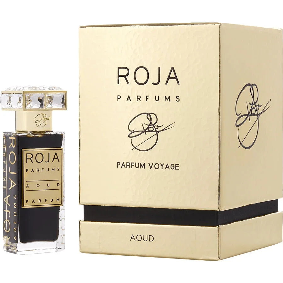 Roja Parfums Aoud perfume bottle and gold box, luxury unisex fragrance