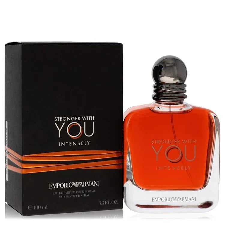 Giorgio Armani Stronger With You Intensely Eau de Parfum bottle - Men's oriental woody fragrance with pink pepper, violet leaf, juniper, lavender, sage, cinnamon, vanilla, tonka bean, and suede