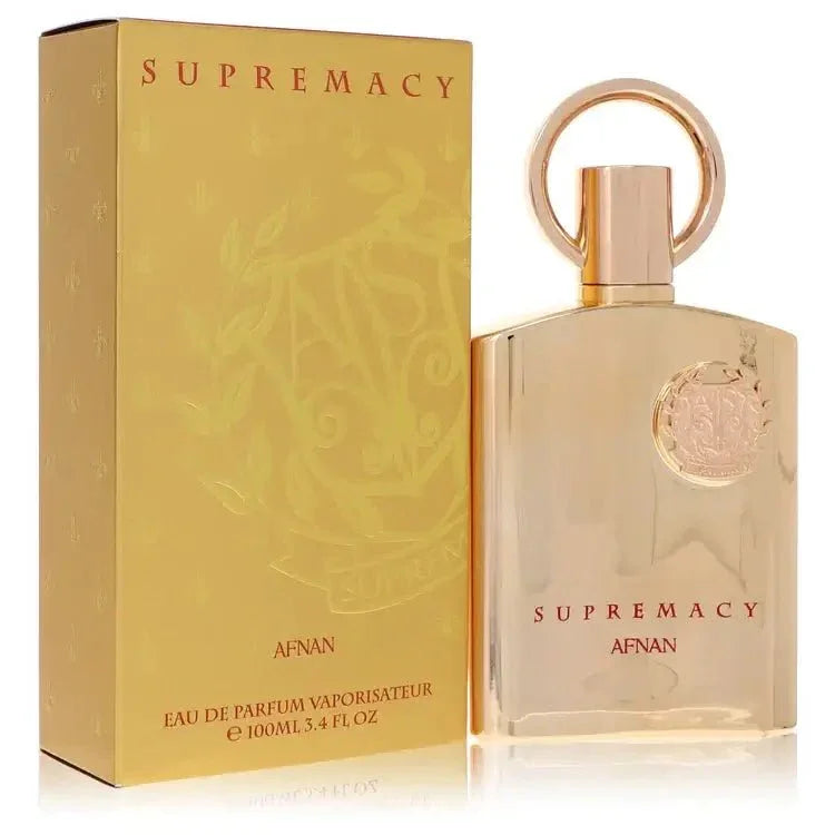 Supremacy Gold Perfume by Afnan bottle — oriental aromatic eau de parfum with violet, iris, vanilla, oud, amber, and benzoin.
