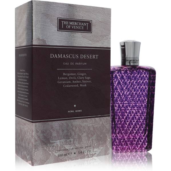 The Merchant of Venice Damascus Desert Eau de Parfum bottle - Men's woody aromatic fragrance with lemon, bergamot, ginger, orris, clary sage, geranium, amber, cedar, musk, and vetiver